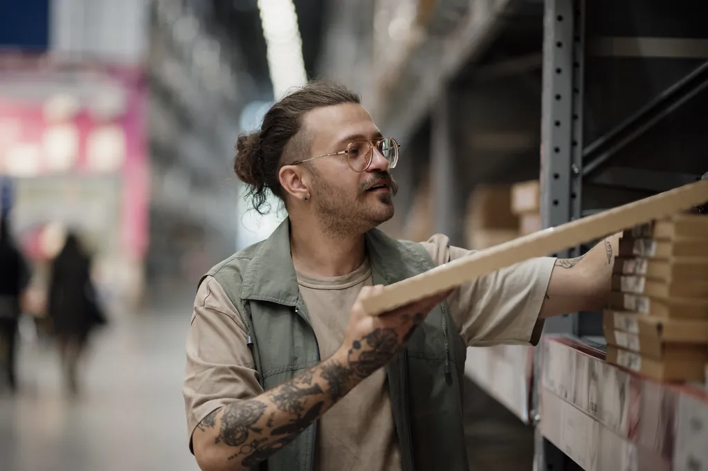 Ilustração de Picking — Man organizing shelves while selecting wooden planks in a hardware store